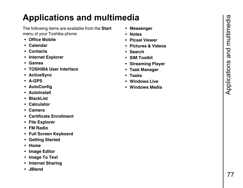 Applications and multimedia 77, Applications and multimedia | Toshiba Portege G810 User Manual | Page 78 / 180