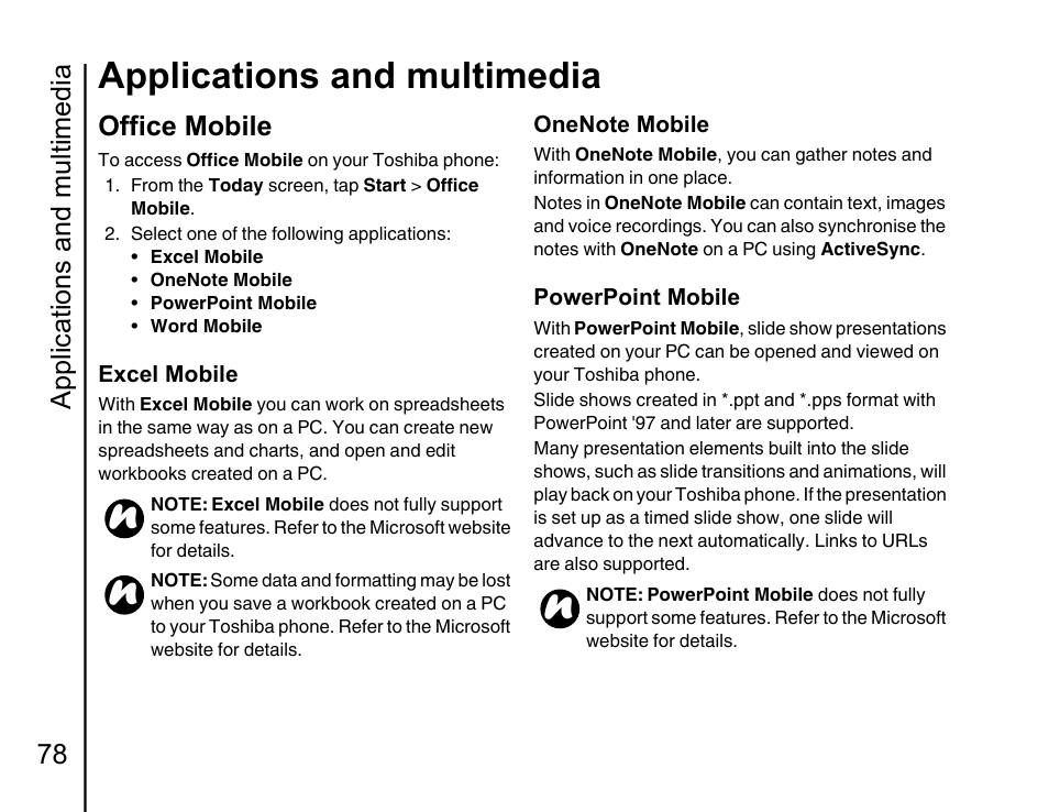 Office mobile 78, Applications and, Multimedia for information | Applications and multimedia, Multimedia for further informa, E applications and, Multimedia section, Applications and multimedia 78, Office mobile | Toshiba Portege G810 User Manual | Page 79 / 180