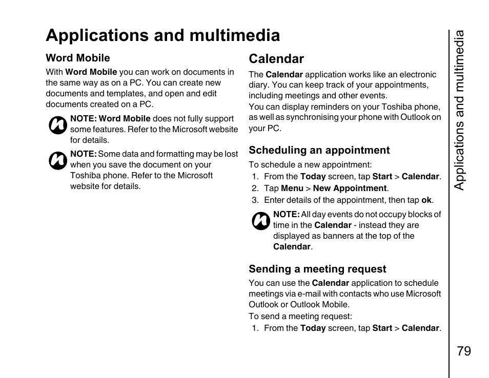 Calendar, Calendar in, Applications and multimedia | Applications and multimedia 79 | Toshiba Portege G810 User Manual | Page 80 / 180