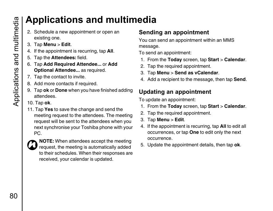 Applications and multimedia, Applications and multimedia 80 | Toshiba Portege G810 User Manual | Page 81 / 180