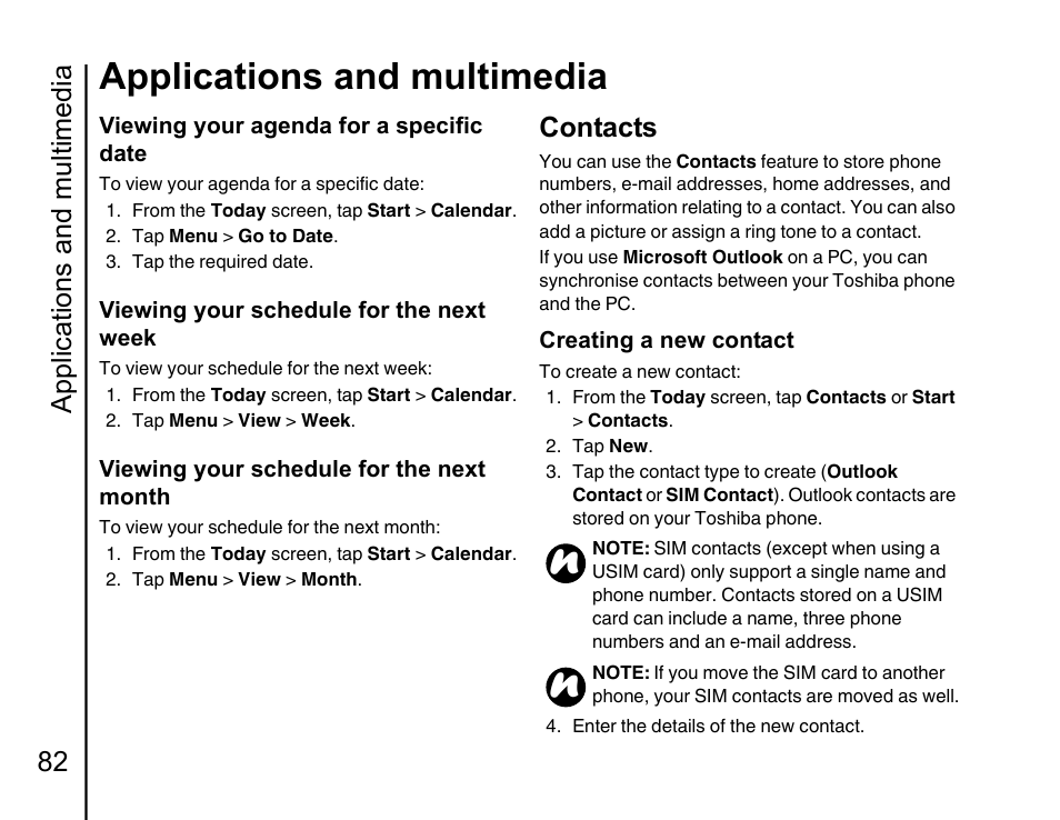 Contacts, Applications and multimedia, Applications and multimedia 82 | Toshiba Portege G810 User Manual | Page 83 / 180