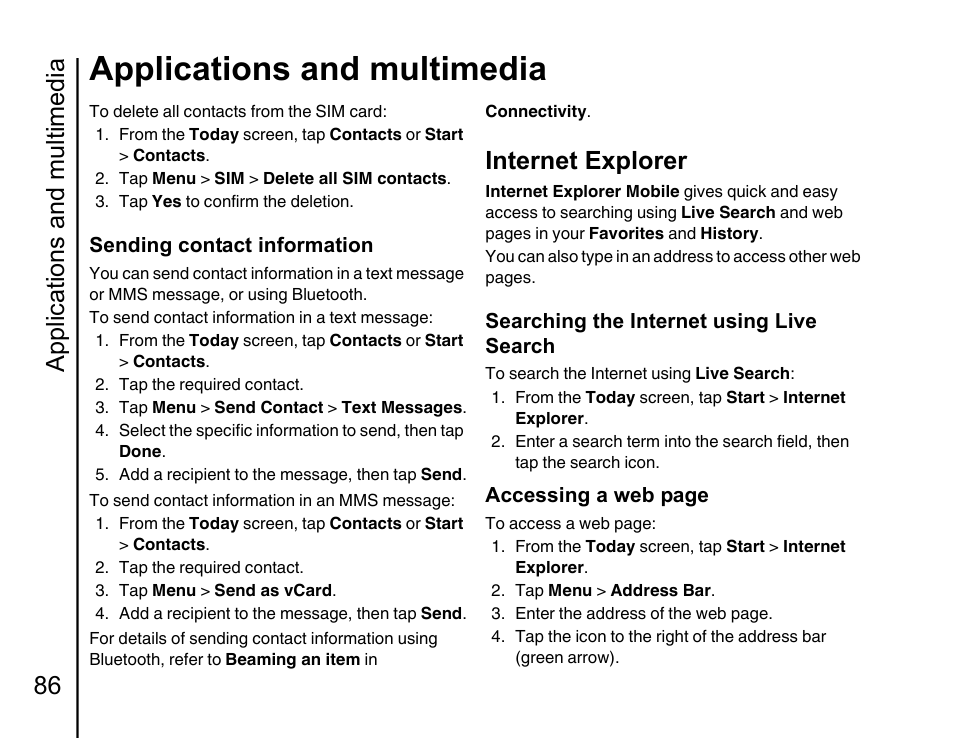 Internet explorer 86, Searching the internet, Using live search in | Applications and multimedia, Applications and multimedia 86, Internet explorer | Toshiba Portege G810 User Manual | Page 87 / 180