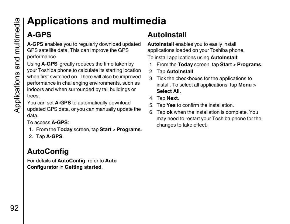 A-gps 92, Autoinstall, Applications and multimedia | Applications and multimedia 92, A-gps, Autoconfig | Toshiba Portege G810 User Manual | Page 93 / 180