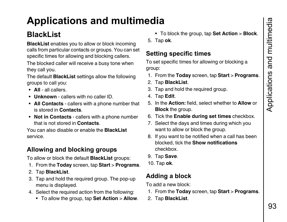 Blacklist, Applications and multimedia, Applications and multimedia 93 | Toshiba Portege G810 User Manual | Page 94 / 180