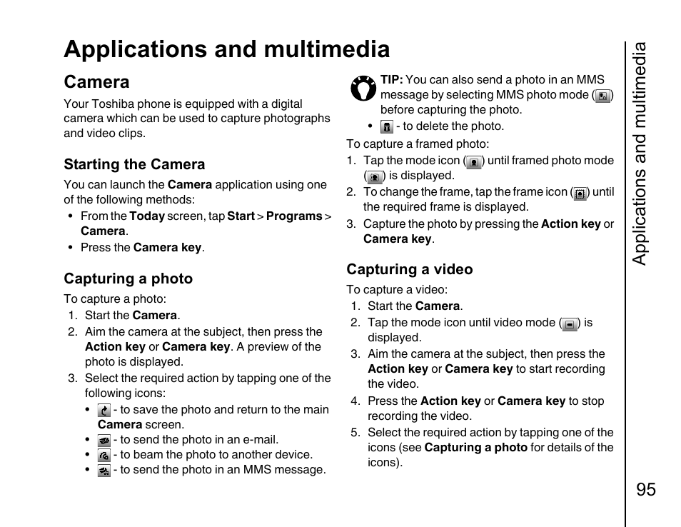 Camera 95, Applications and multimedia, Applications and multimedia 95 | Camera | Toshiba Portege G810 User Manual | Page 96 / 180