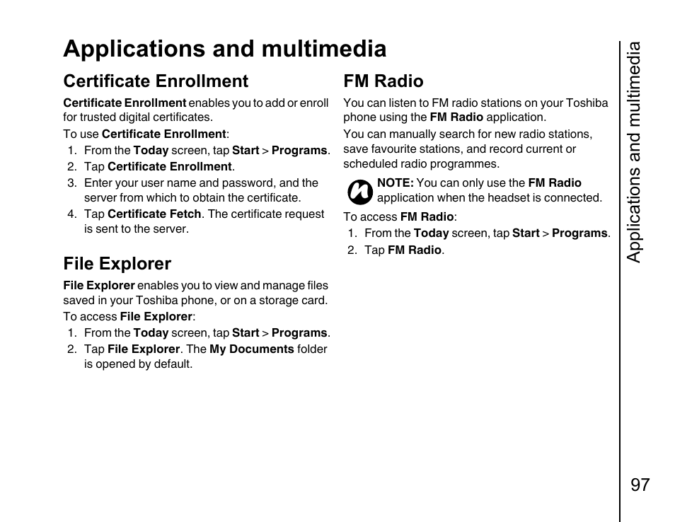 Certificate enrollment, File explorer 97, Fm radio | Applications and multimedia, Applications and multimedia 97, File explorer | Toshiba Portege G810 User Manual | Page 98 / 180