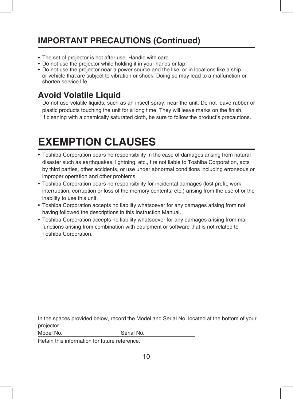 Exemption clauses, Important precautions (continued), Avoid volatile liquid | Toshiba TDP-T9 User Manual | Page 10 / 48
