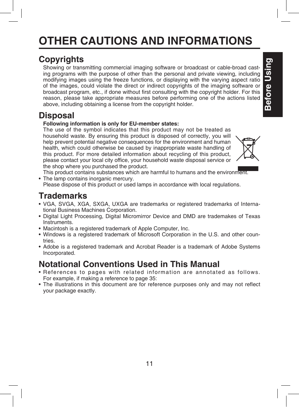 Other cautions and informations, Before using, Copyrights | Disposal, Trademarks, Notational conventions used in this manual | Toshiba TDP-T9 User Manual | Page 11 / 48