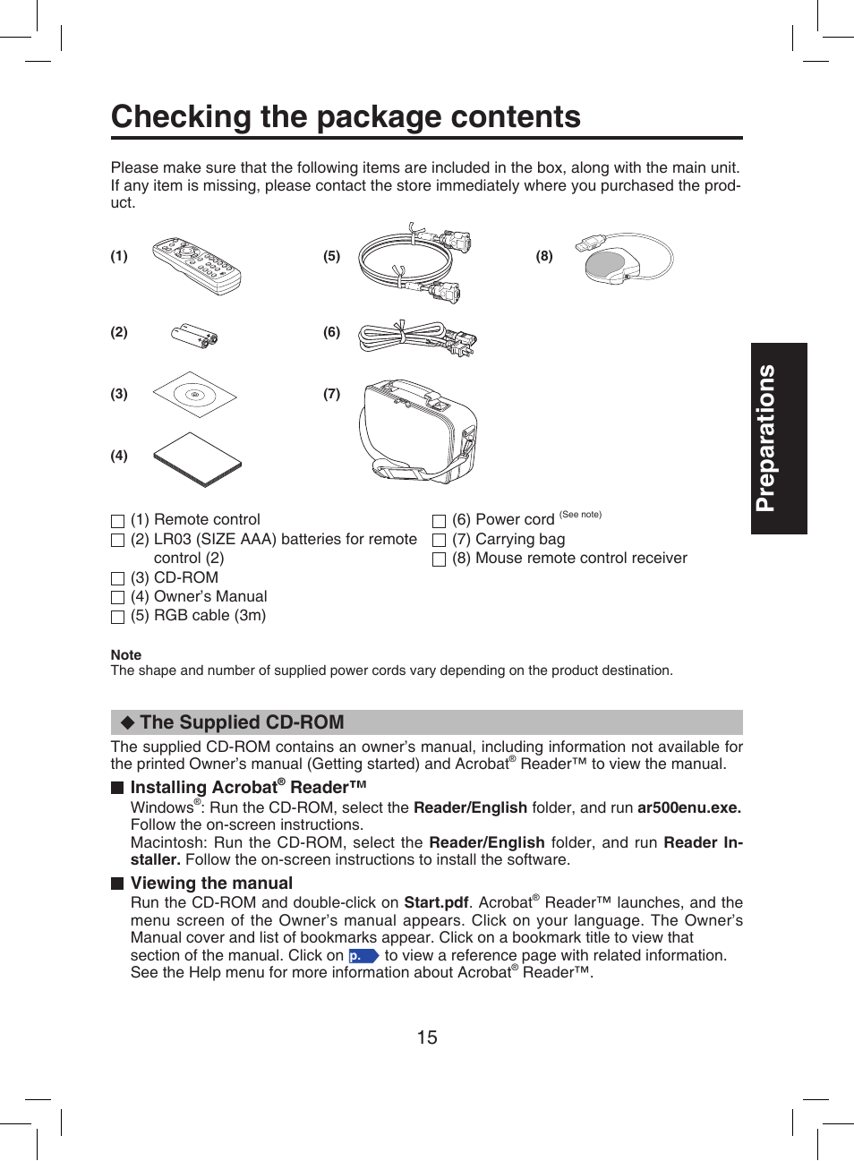Checking the package contents, Preparations, The supplied cd-rom | Toshiba TDP-T9 User Manual | Page 15 / 48