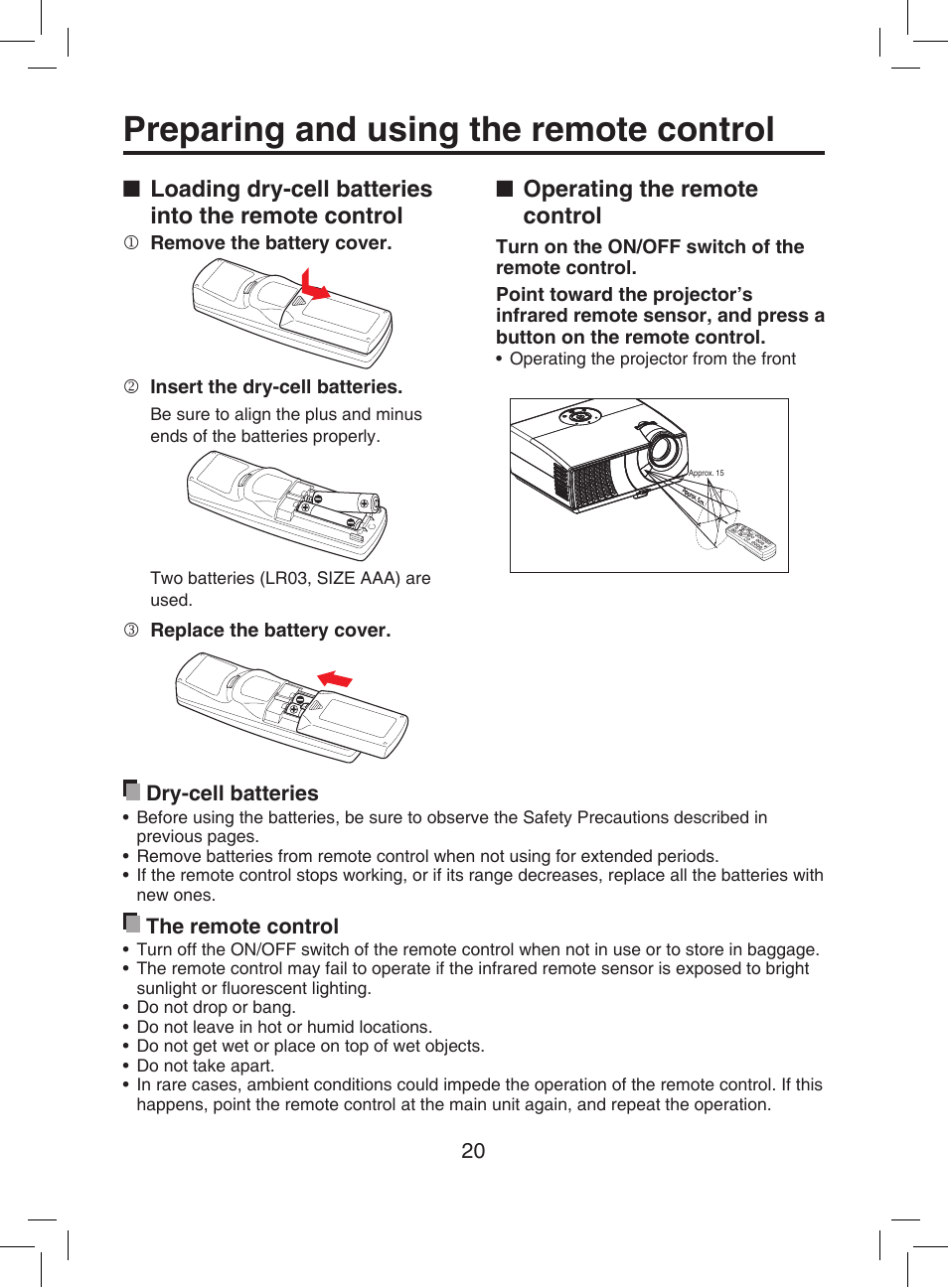Senses commands from the remote control, P.20, Switches on/off the remote control | Preparing and using the remote control, Operating the remote control, Loading dry-cell batteries into the remote control | Toshiba TDP-T9 User Manual | Page 20 / 48