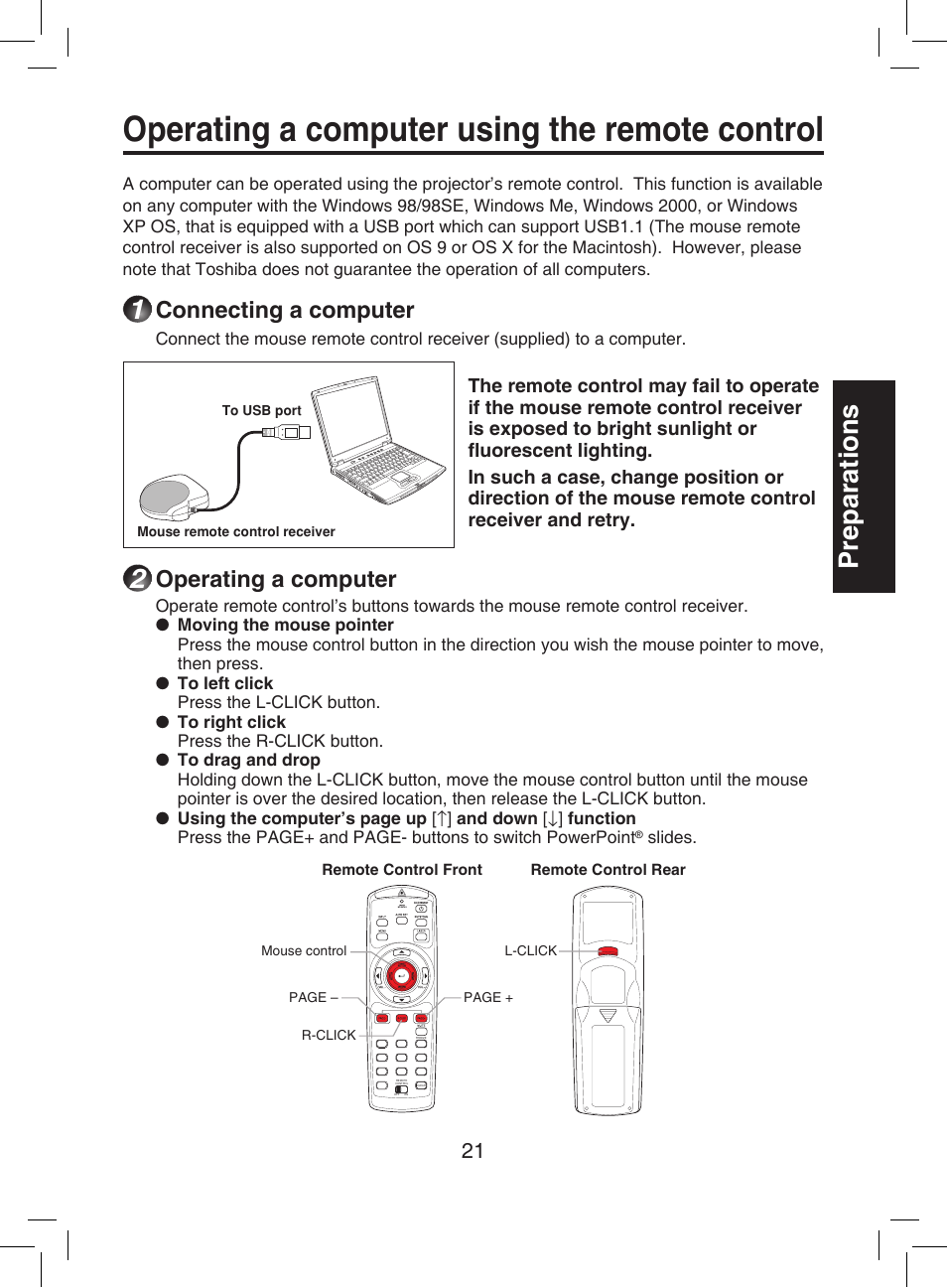 Controls a mouse pointer, P.21, Slides | Functions as right-click of a mouse, Functions as left-click of a mouse, Operating a computer using the remote control, Preparations, Connecting a computer, Operating a computer | Toshiba TDP-T9 User Manual | Page 21 / 48