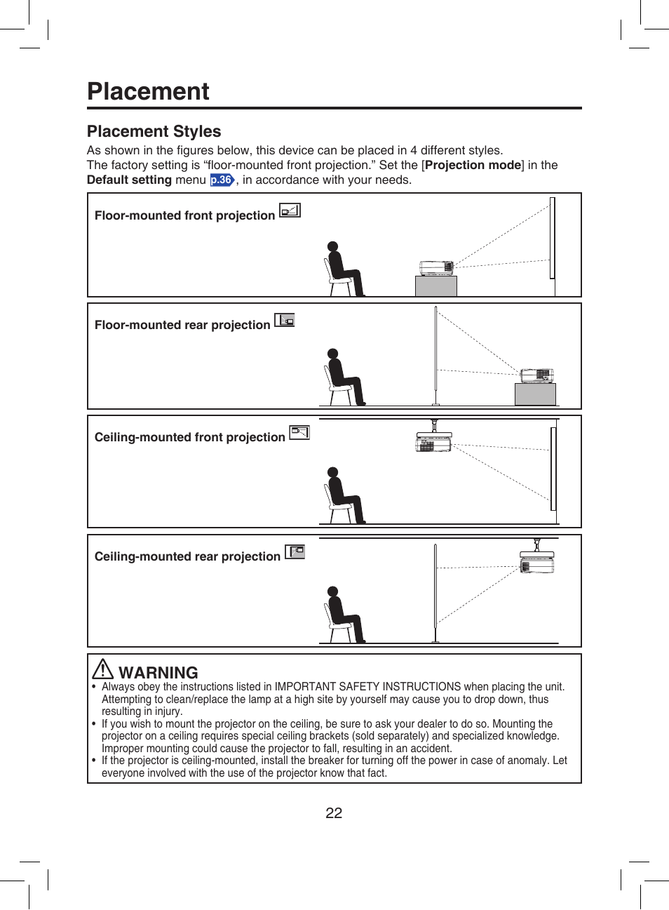 Placement, Placement styles, Warning | Toshiba TDP-T9 User Manual | Page 22 / 48