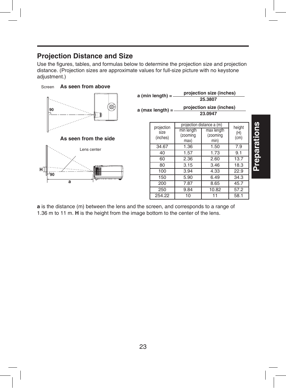 Preparations, Projection distance and size | Toshiba TDP-T9 User Manual | Page 23 / 48