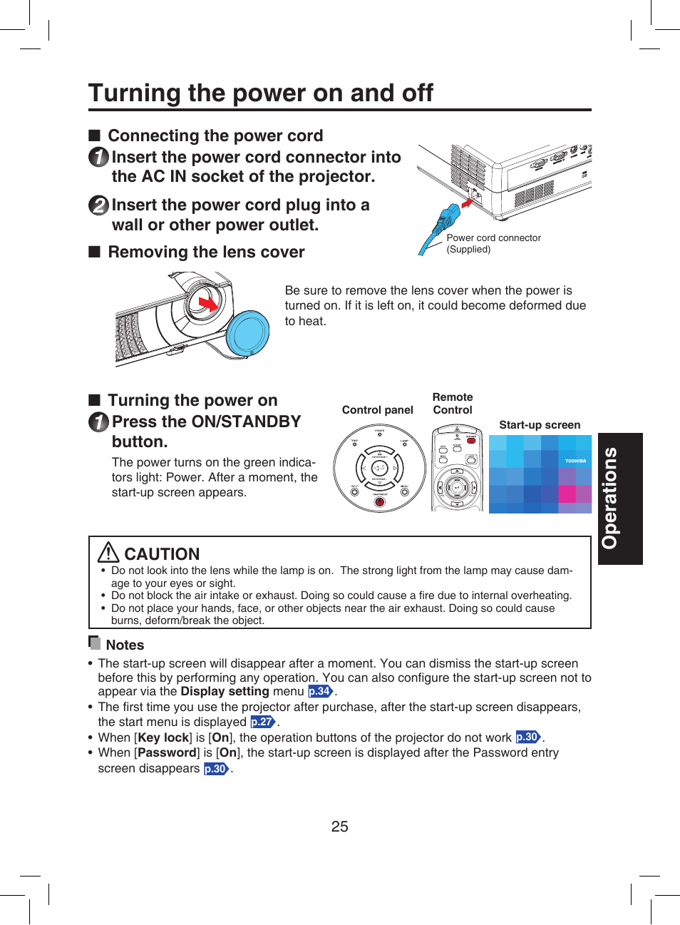 Turning the power on and off, Operations, Connecting the power cord | Turning the power on, Press the on/standby button, Caution | Toshiba TDP-T9 User Manual | Page 25 / 48