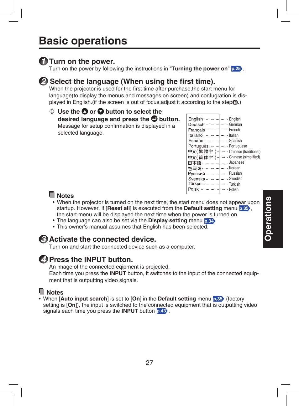 Selects input, P.27, The start menu is displayed | Basic operations, Operations, Turn on the power, Select the language (when using the ﬁrst time), Activate the connected device, Press the input button | Toshiba TDP-T9 User Manual | Page 27 / 48