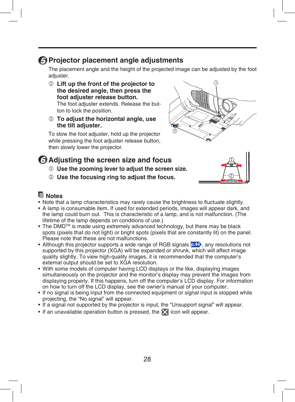 Press to set up or stow the foot adjuster, P.28, Adjusts screen size | Adjusts the projector’s horizontal tilt, Adjusts the vertical projection angle, Projector placement angle adjustments, Adjusting the screen size and focus | Toshiba TDP-T9 User Manual | Page 28 / 48