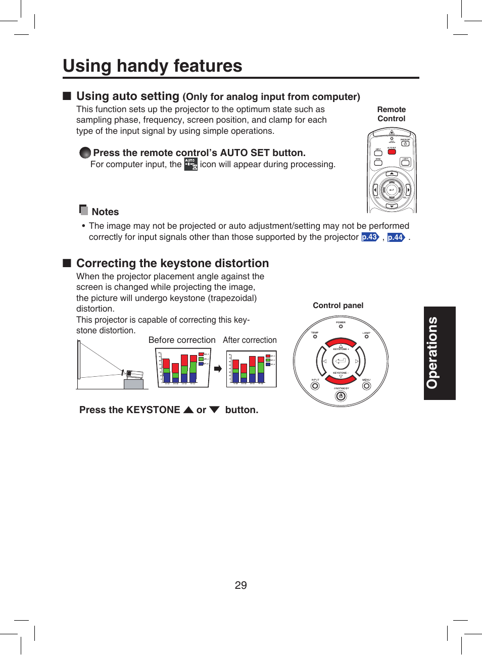 Adjusts keystone distortion, Sets up analog input from computer, Using handy features | Operations, Using auto setting, Correcting the keystone distortion | Toshiba TDP-T9 User Manual | Page 29 / 48