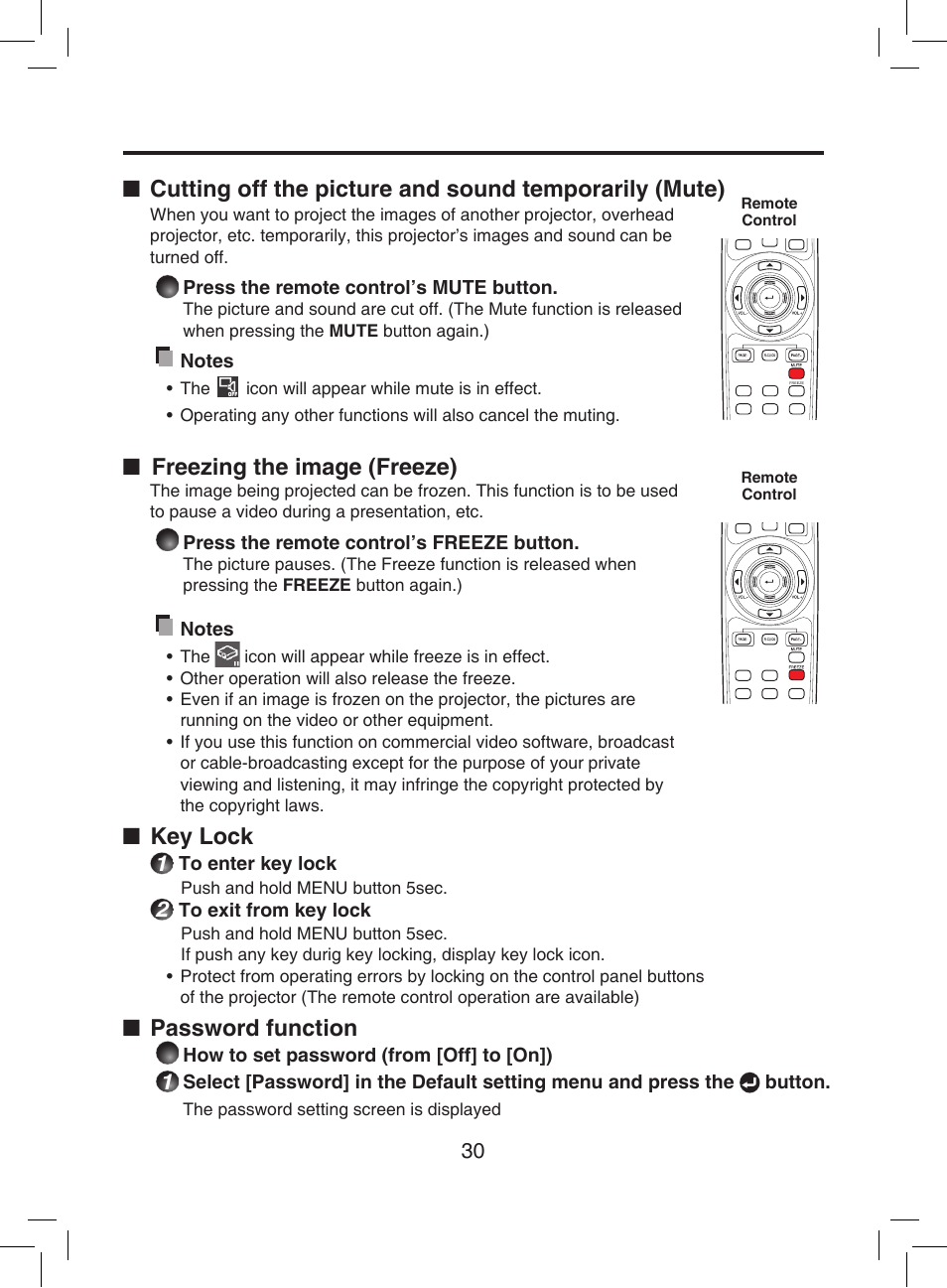 Cuts off the picture and sound temporarily, P.30, Pauses image | The operation buttons of the projector do not work, Screen disappears, Freezing the image (freeze), Key lock, Password function | Toshiba TDP-T9 User Manual | Page 30 / 48