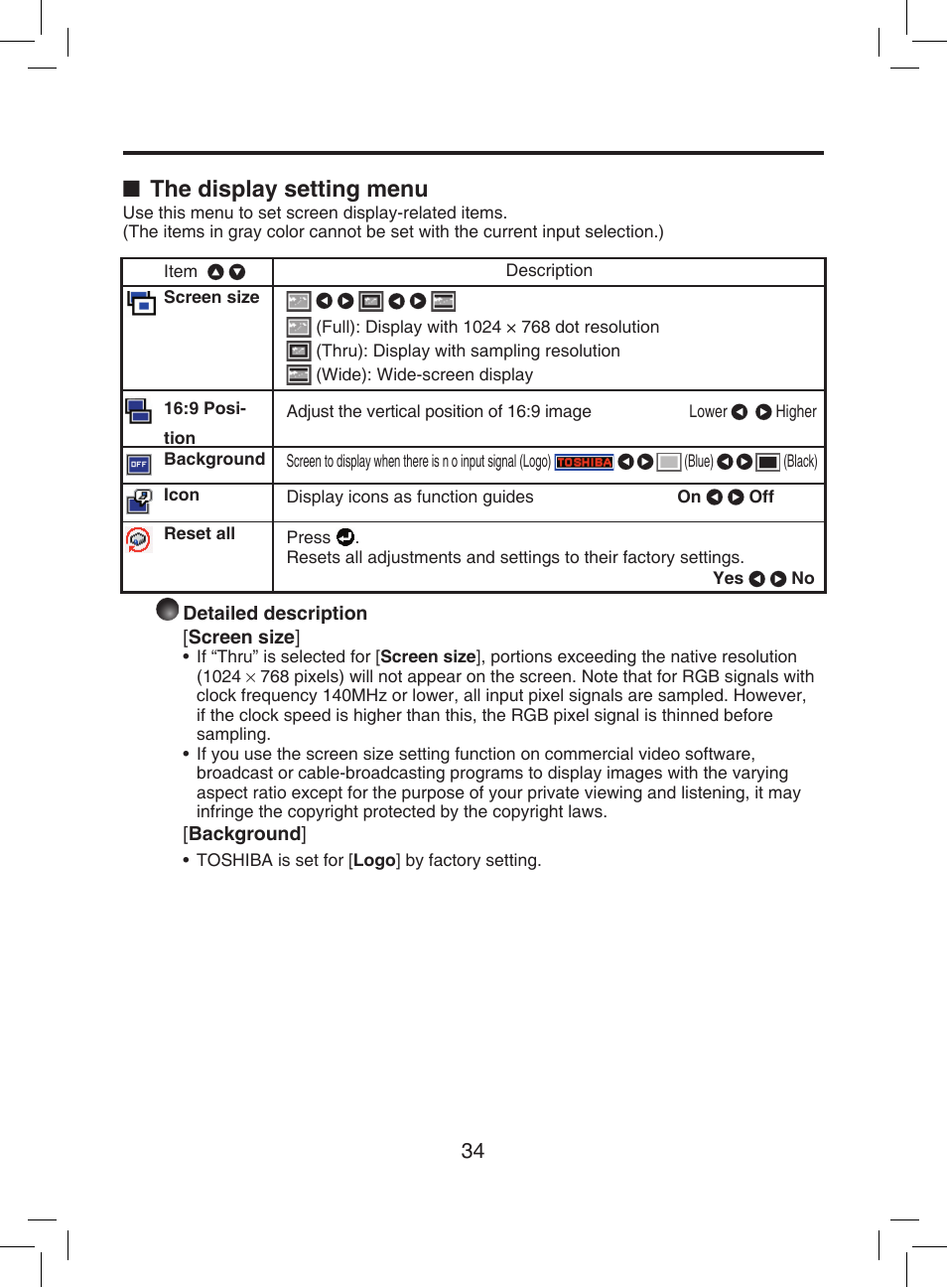 Menu, P.34, The display setting menu | Toshiba TDP-T9 User Manual | Page 34 / 48