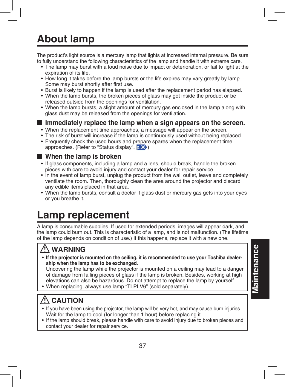 Lamp replacement, About lamp, Maintenance | When the lamp is broken, Warning, Caution | Toshiba TDP-T9 User Manual | Page 37 / 48
