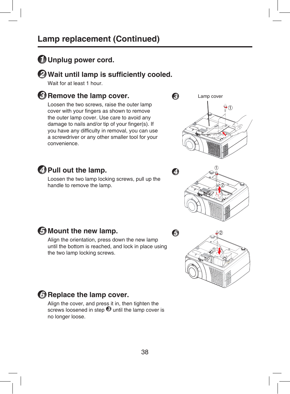 Remove to replace lamp, P.38, Lamp replacement (continued) | Toshiba TDP-T9 User Manual | Page 38 / 48