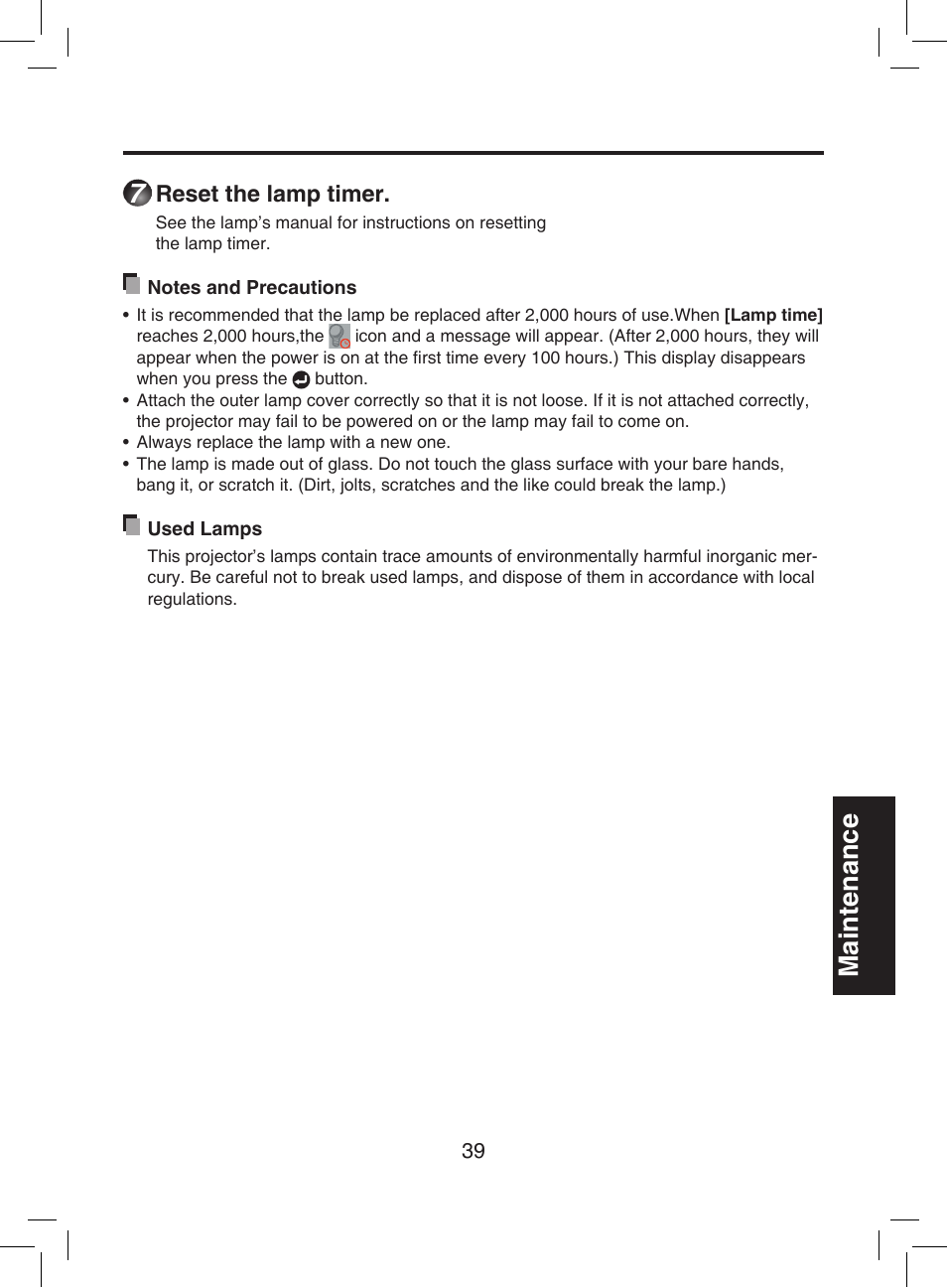 Maintenance 7, Reset the lamp timer | Toshiba TDP-T9 User Manual | Page 39 / 48