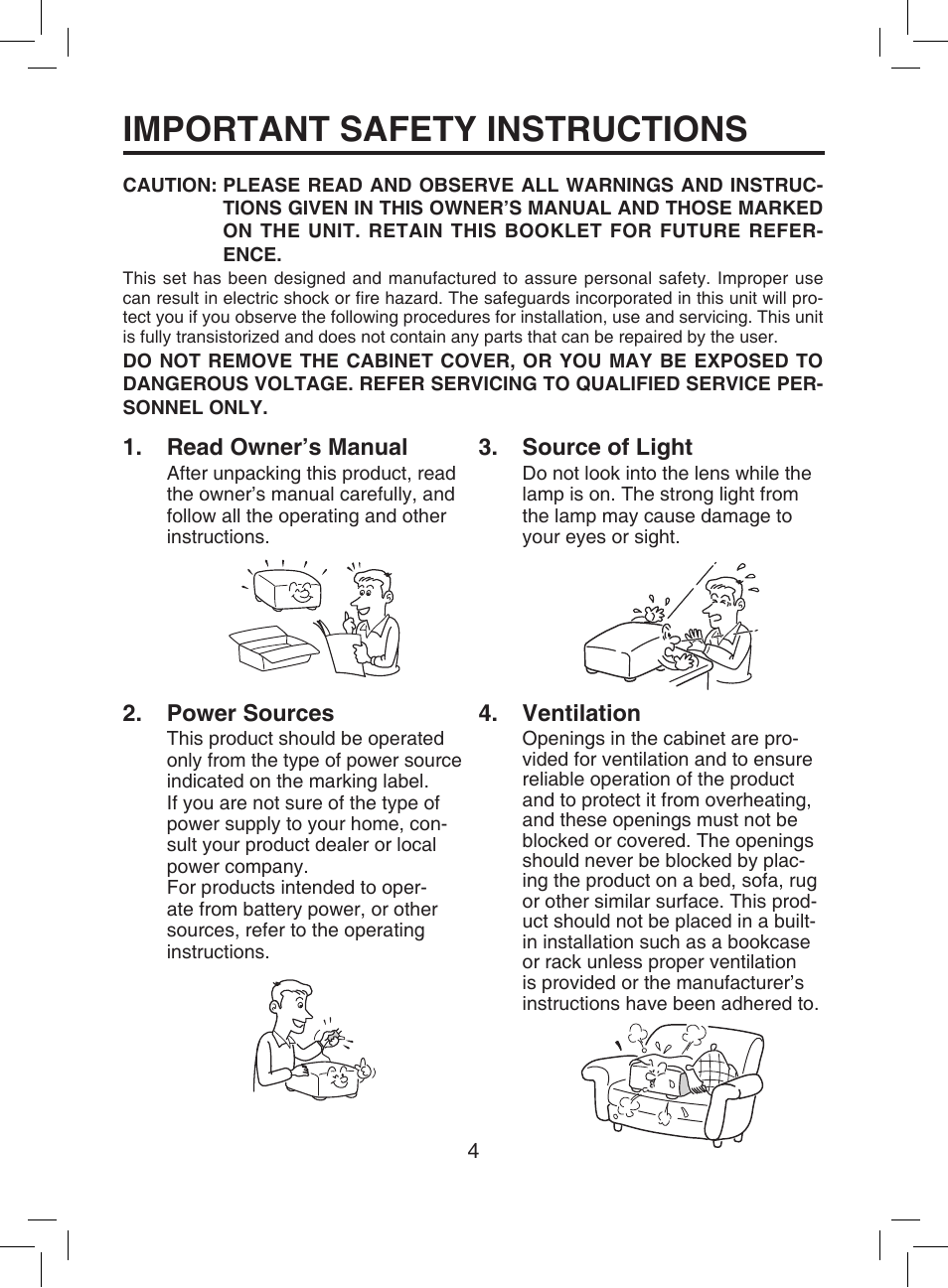 Important safety instructions, Read owner’s manual, Source of light | Power sources, Ventilation | Toshiba TDP-T9 User Manual | Page 4 / 48