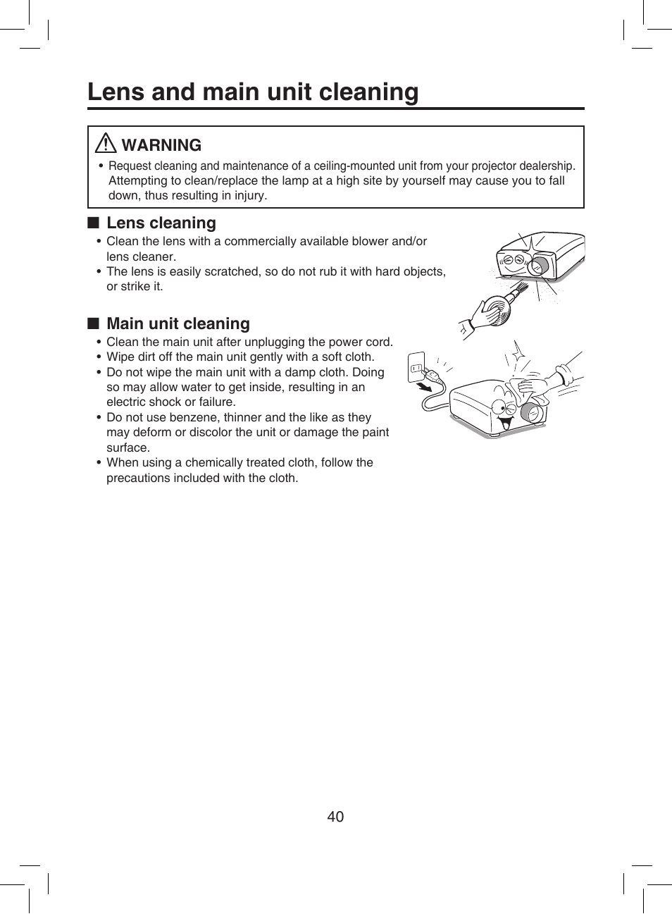 Lens and main unit cleaning, Warning, Lens cleaning | Main unit cleaning | Toshiba TDP-T9 User Manual | Page 40 / 48