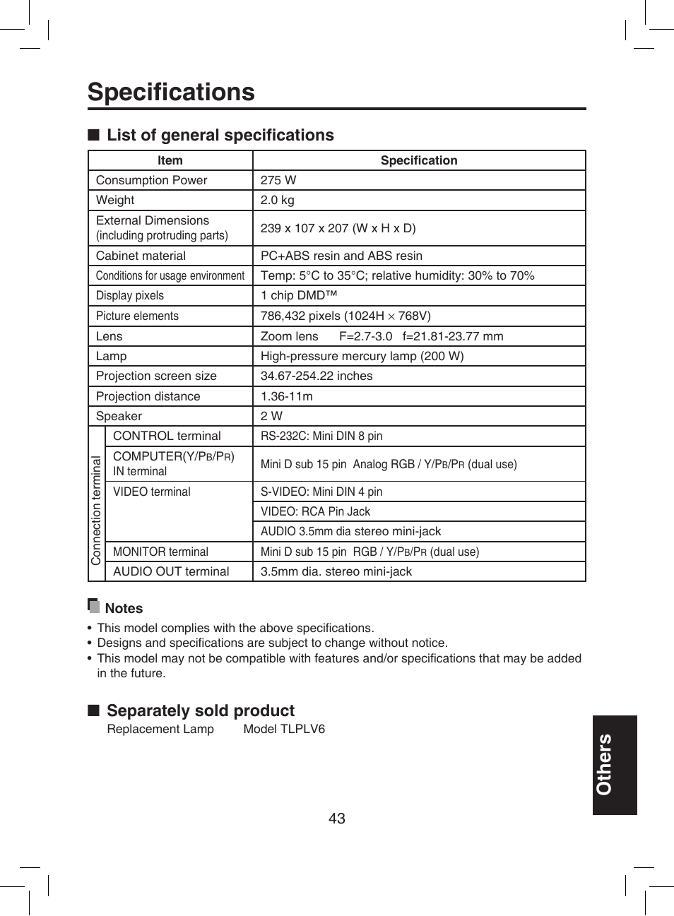 Button, P.43, Speciﬁcations | Others, Separately sold product, List of general speciﬁcations | Toshiba TDP-T9 User Manual | Page 43 / 48