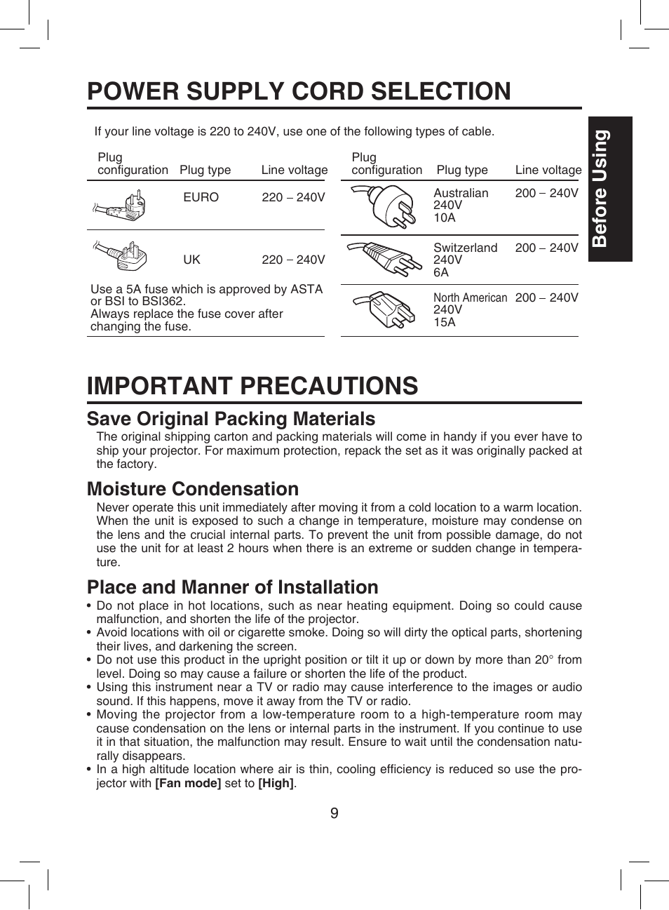 Power supply cord selection, Important precautions, Before using | Save original packing materials, Moisture condensation, Place and manner of installation | Toshiba TDP-T9 User Manual | Page 9 / 48