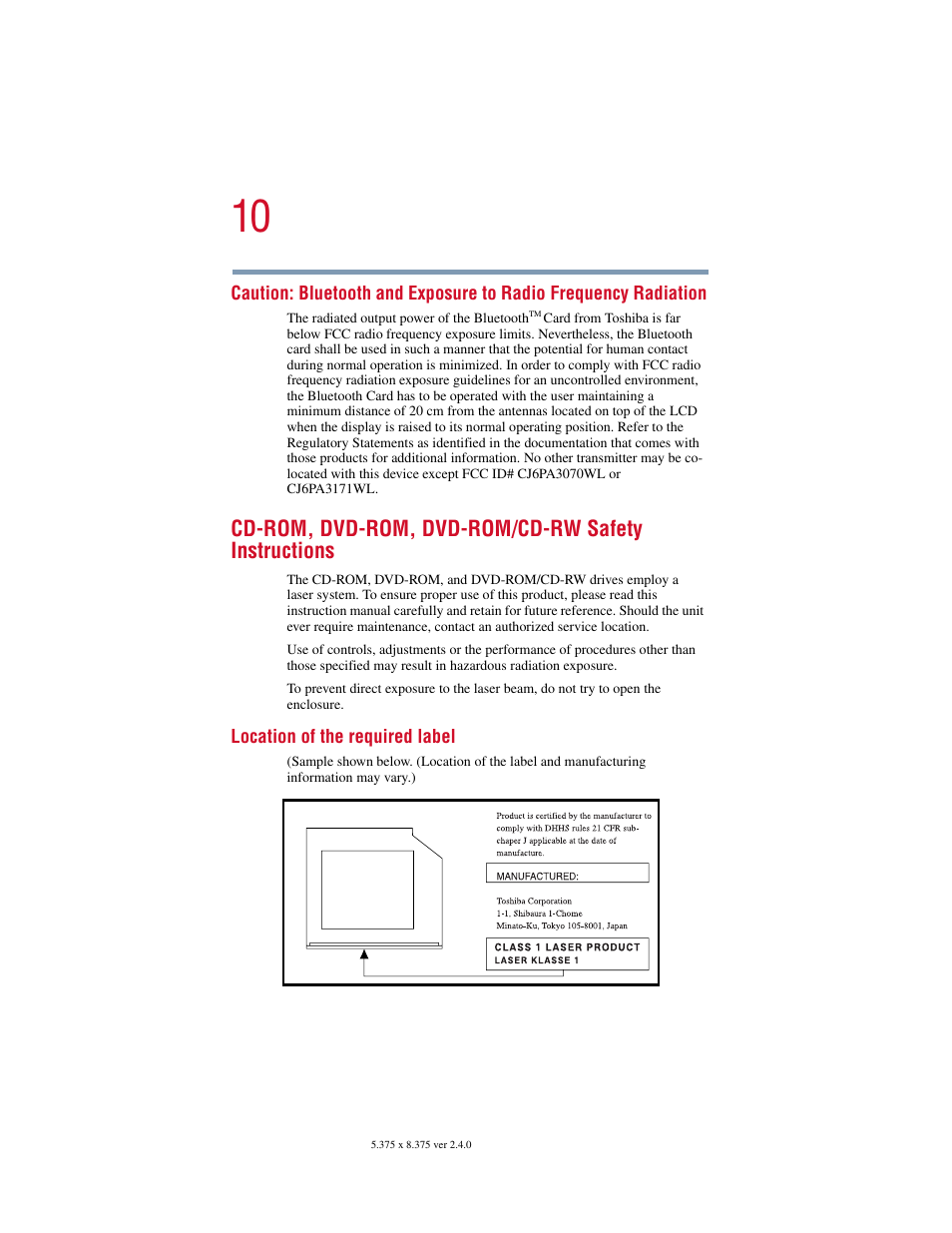 Cd-rom, dvd-rom, dvd-rom/cd-rw safety instructions | Toshiba 2400 User Manual | Page 10 / 300