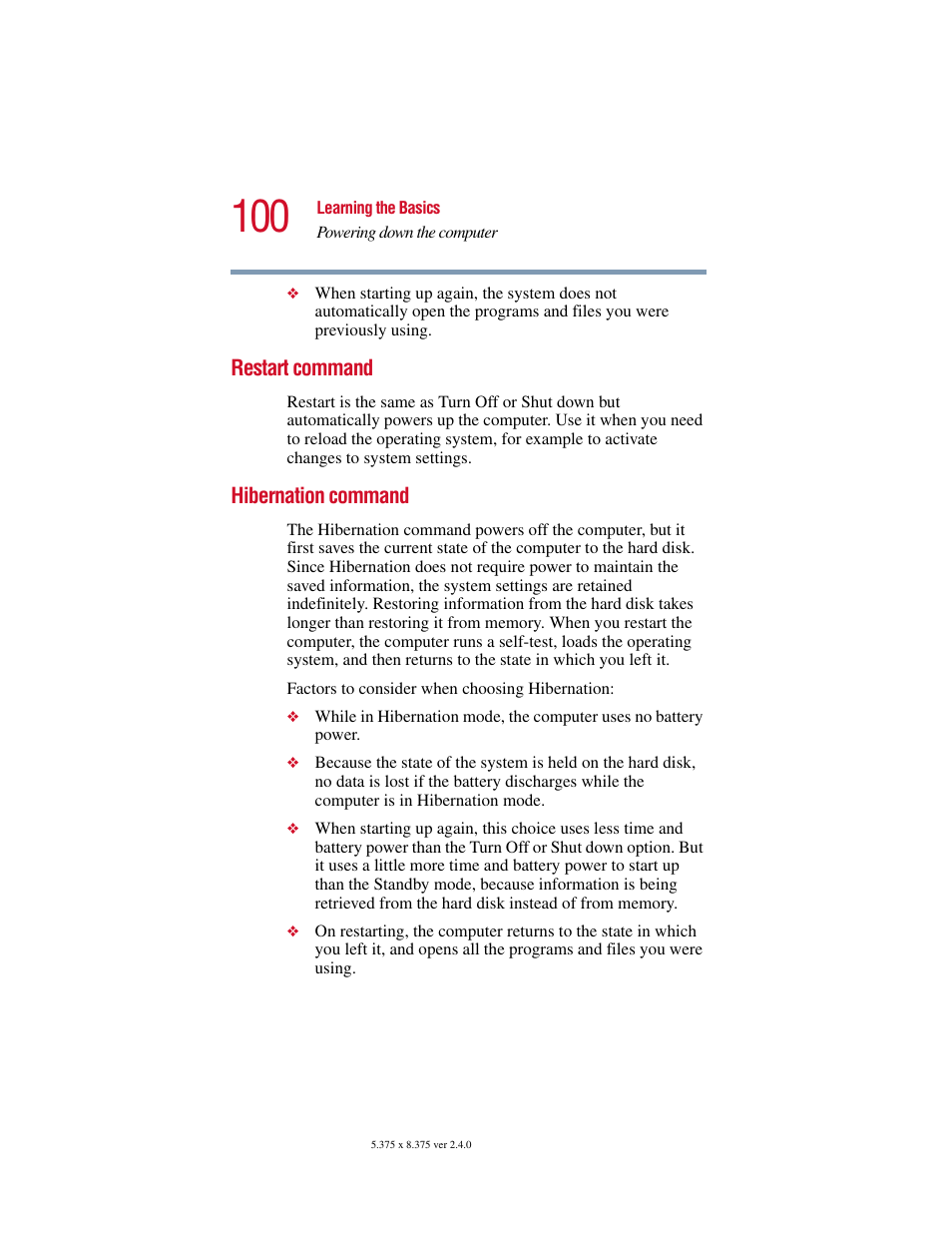 Restart command, Hibernation command, Restart command hibernation command | Toshiba 2400 User Manual | Page 100 / 300