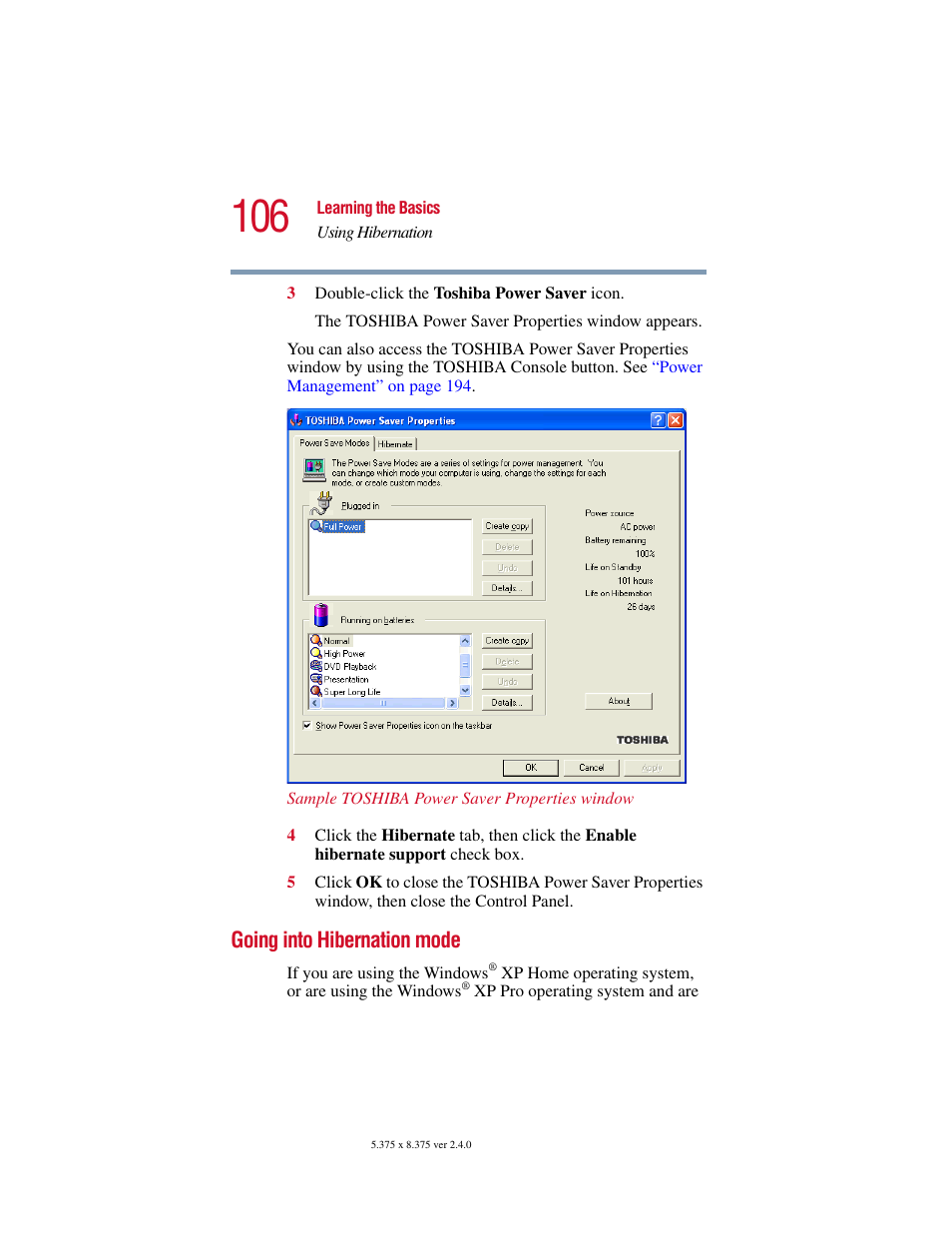 Going into hibernation mode | Toshiba 2400 User Manual | Page 106 / 300