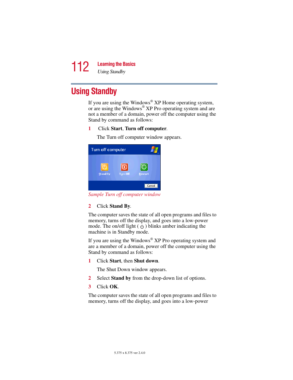 Using standby | Toshiba 2400 User Manual | Page 112 / 300