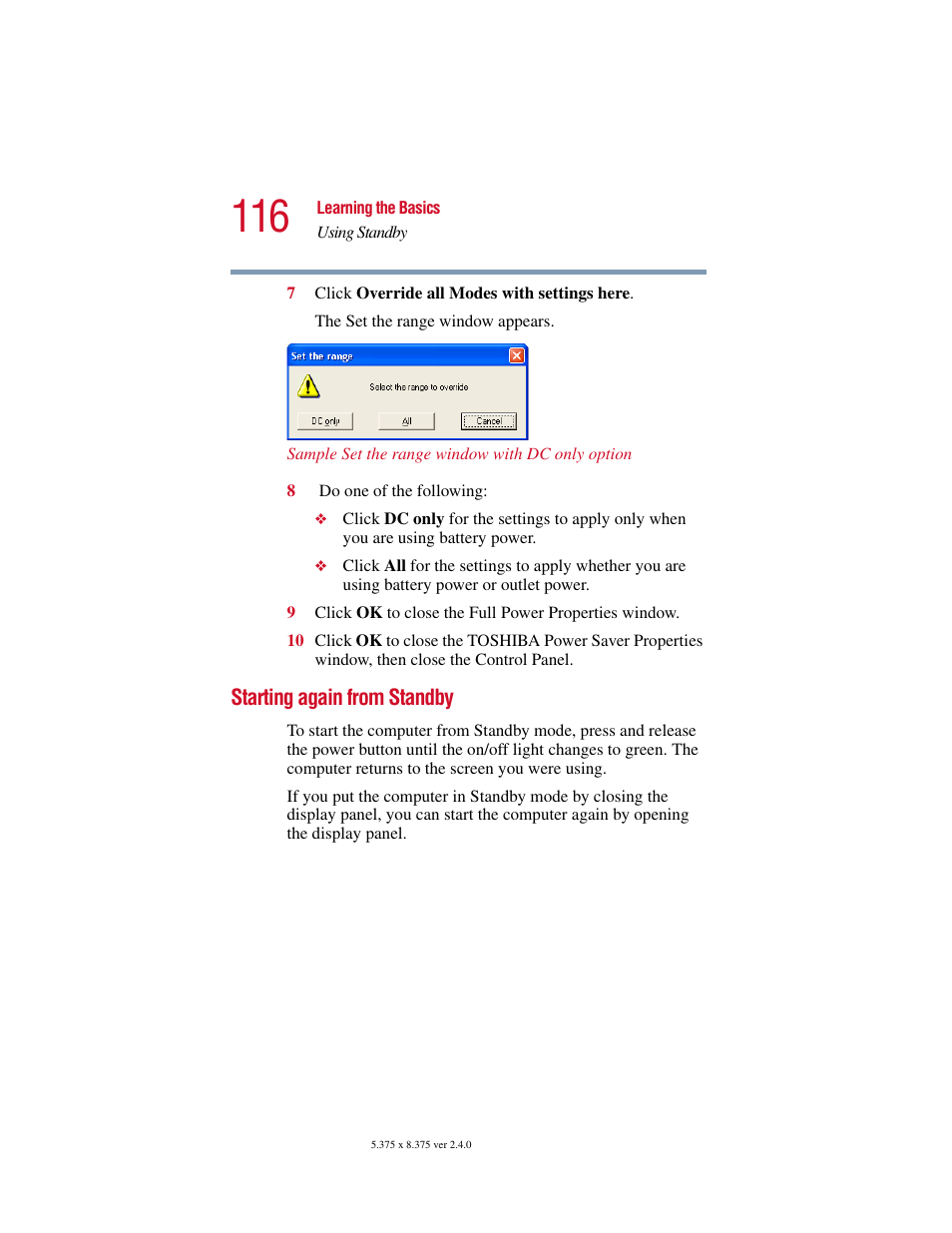 Starting again from standby | Toshiba 2400 User Manual | Page 116 / 300