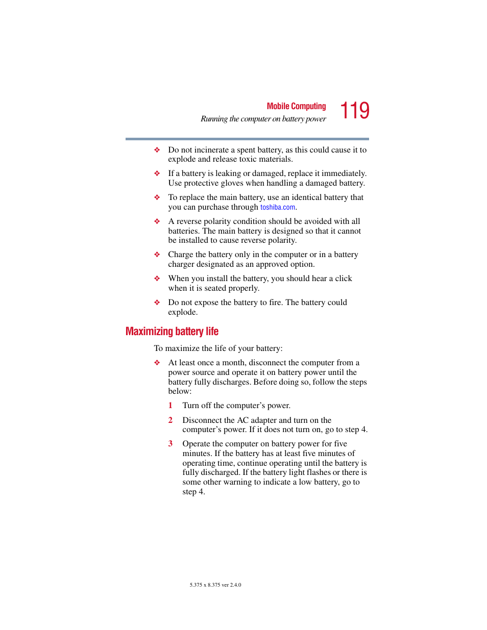 Maximizing battery life, Please see, Maximizing | Toshiba 2400 User Manual | Page 119 / 300