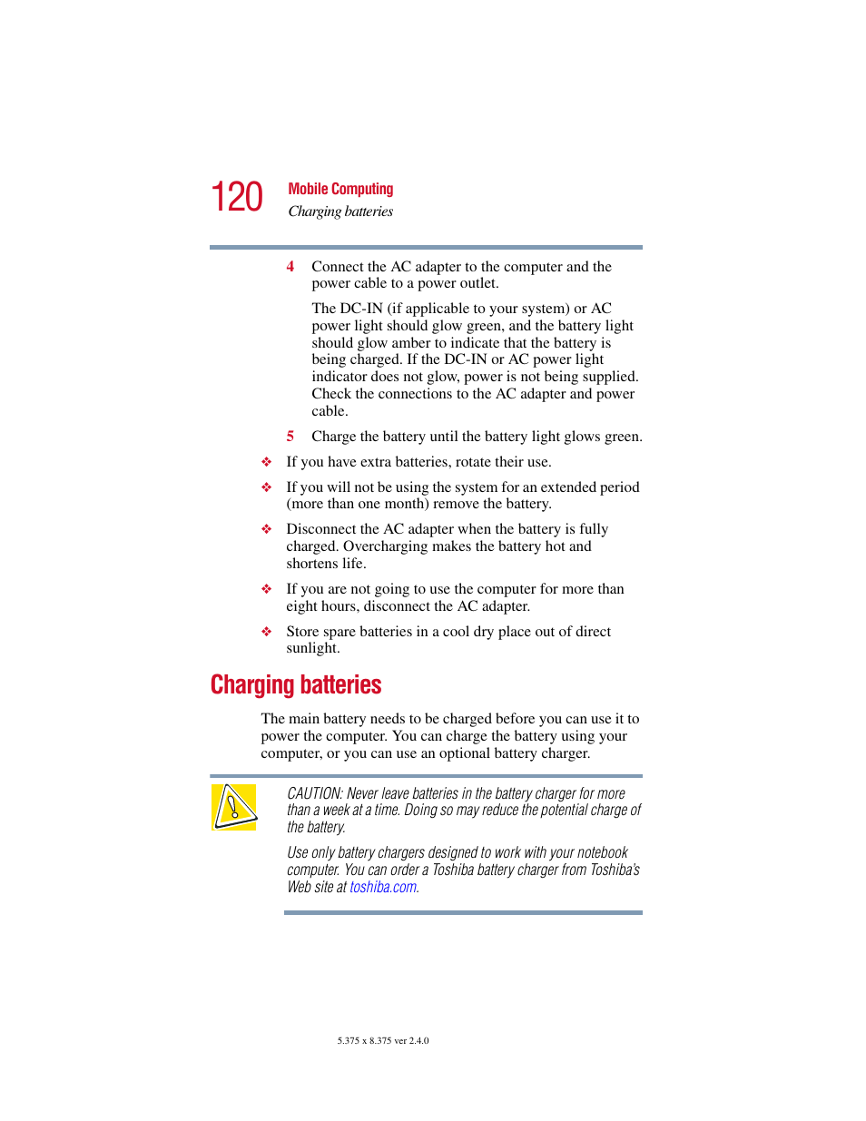 Charging batteries | Toshiba 2400 User Manual | Page 120 / 300