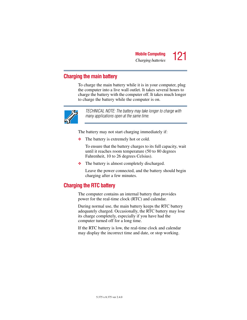 Charging the main battery, Charging the rtc battery, Charging the main battery charging the rtc battery | Toshiba 2400 User Manual | Page 121 / 300