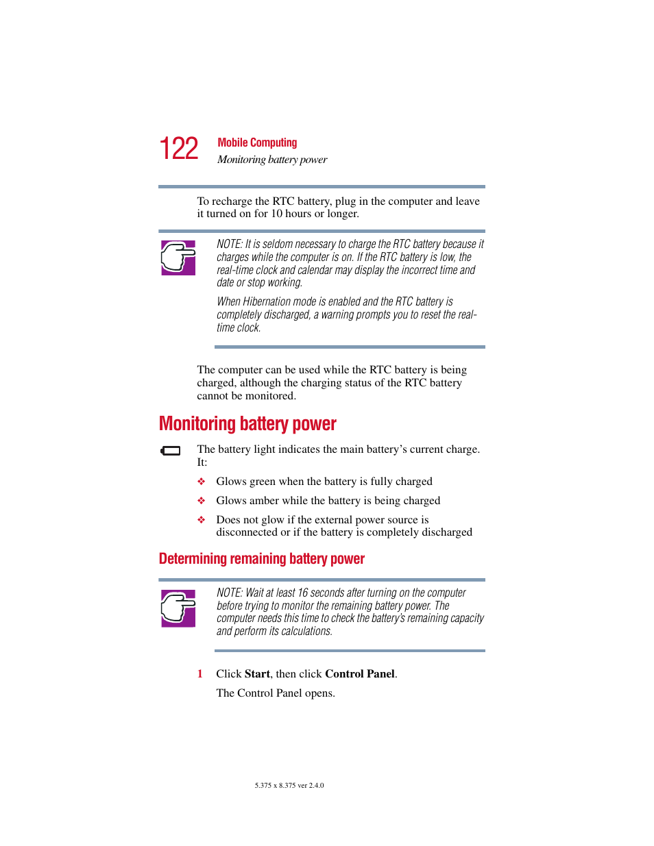 Monitoring battery power, Determining remaining battery power, Monitoring battery power” on | Toshiba 2400 User Manual | Page 122 / 300
