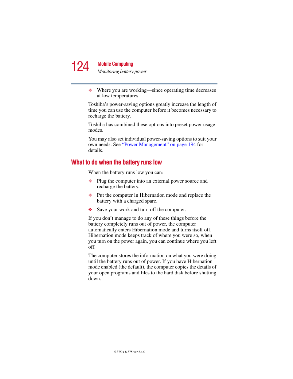 What to do when the battery runs low | Toshiba 2400 User Manual | Page 124 / 300