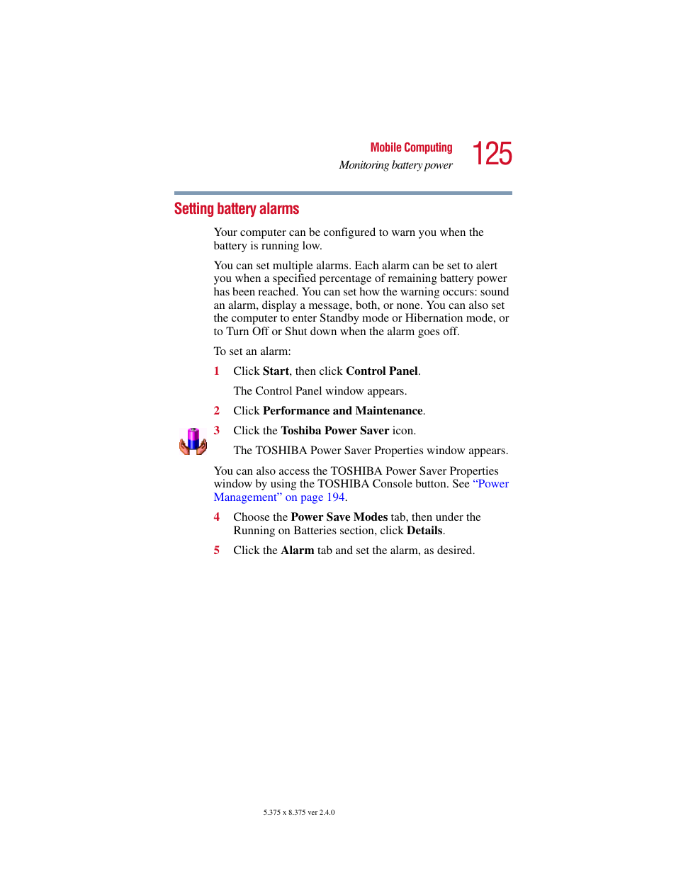 Setting battery alarms | Toshiba 2400 User Manual | Page 125 / 300