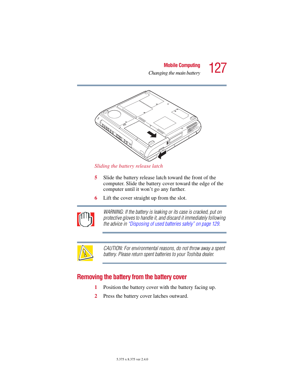 Removing the battery from the battery cover, Removing the battery from the battery cover. 127 | Toshiba 2400 User Manual | Page 127 / 300