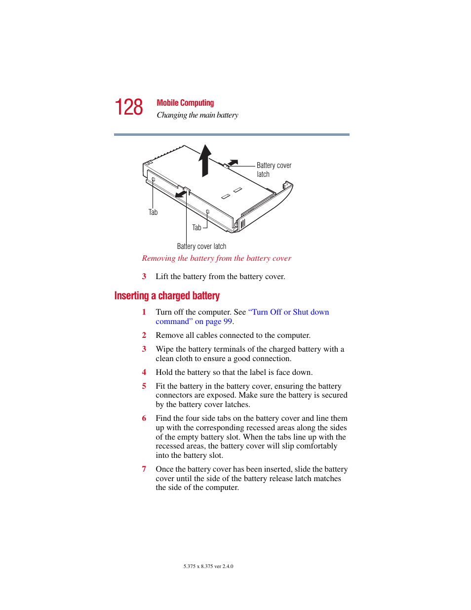 Inserting a charged battery | Toshiba 2400 User Manual | Page 128 / 300