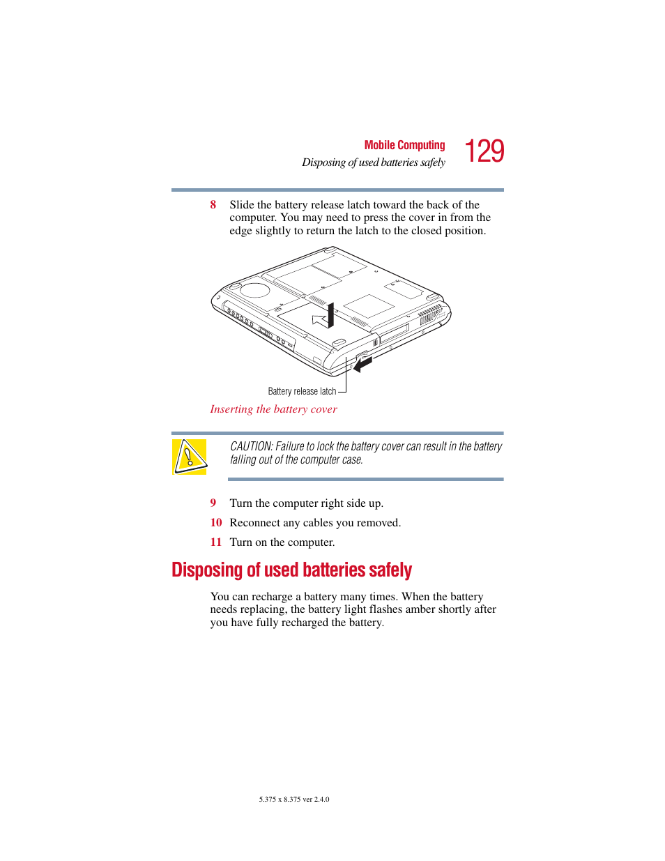 Disposing of used batteries safely | Toshiba 2400 User Manual | Page 129 / 300