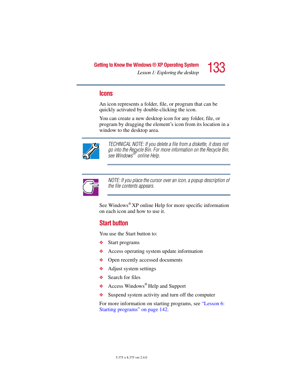 Icons, Start button | Toshiba 2400 User Manual | Page 133 / 300