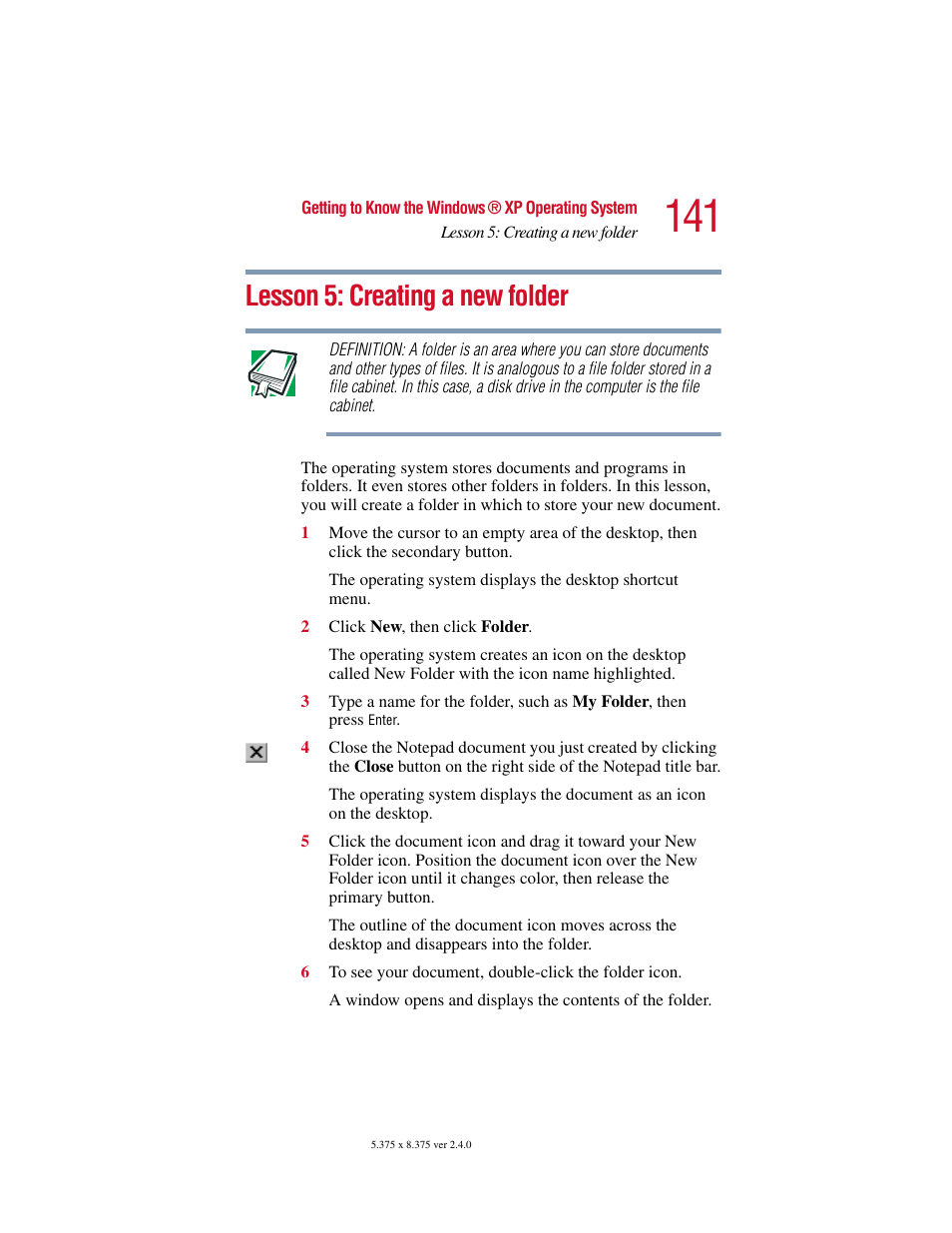 Lesson 5: creating a new folder | Toshiba 2400 User Manual | Page 141 / 300