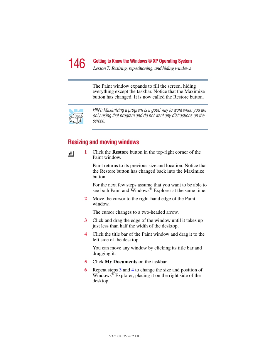 Resizing and moving windows | Toshiba 2400 User Manual | Page 146 / 300