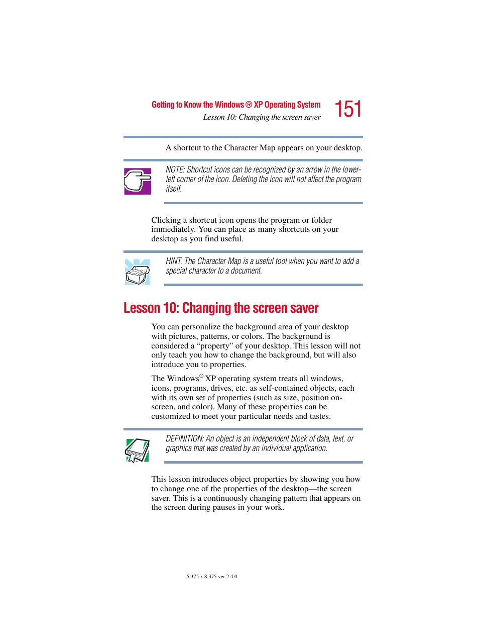 Lesson 10: changing the screen saver | Toshiba 2400 User Manual | Page 151 / 300