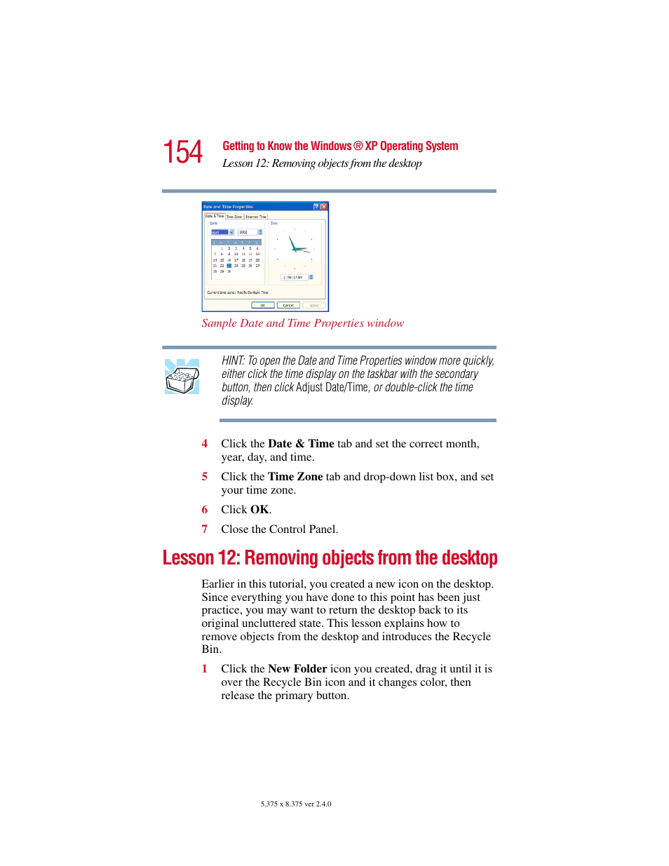 Lesson 12: removing objects from the desktop | Toshiba 2400 User Manual | Page 154 / 300