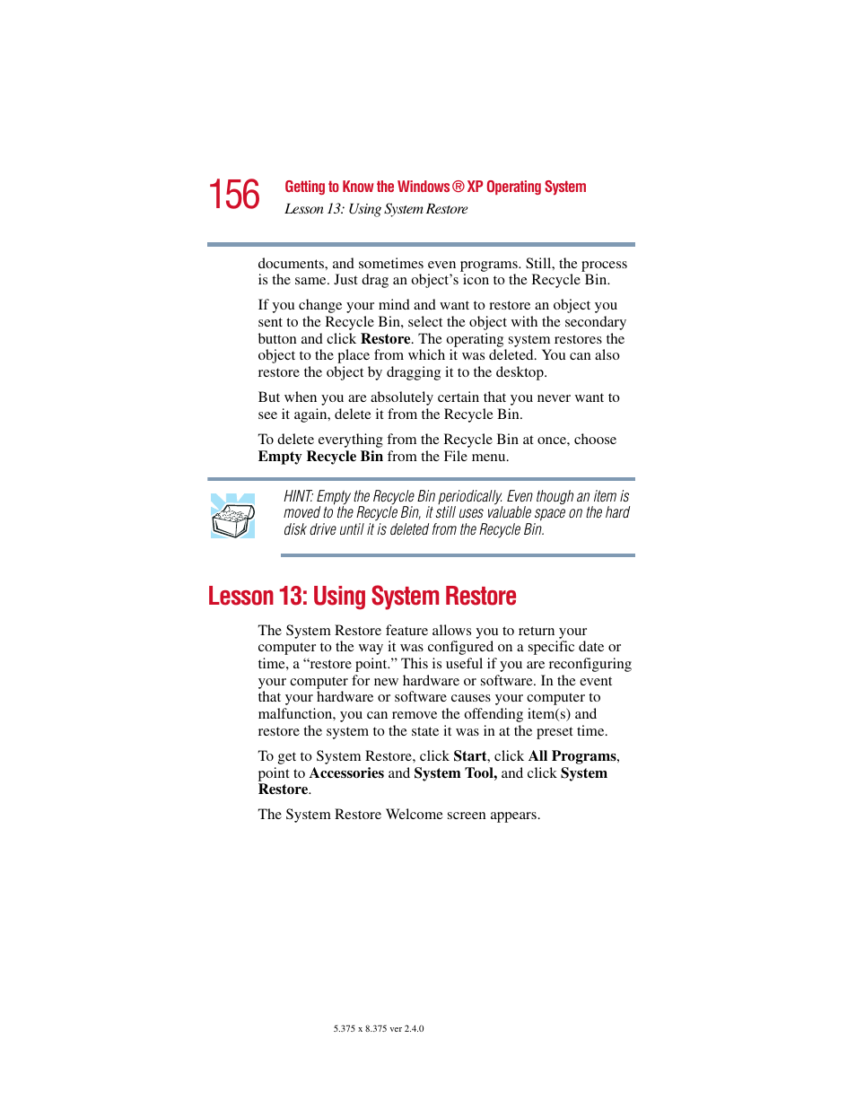 Lesson 13: using system restore | Toshiba 2400 User Manual | Page 156 / 300